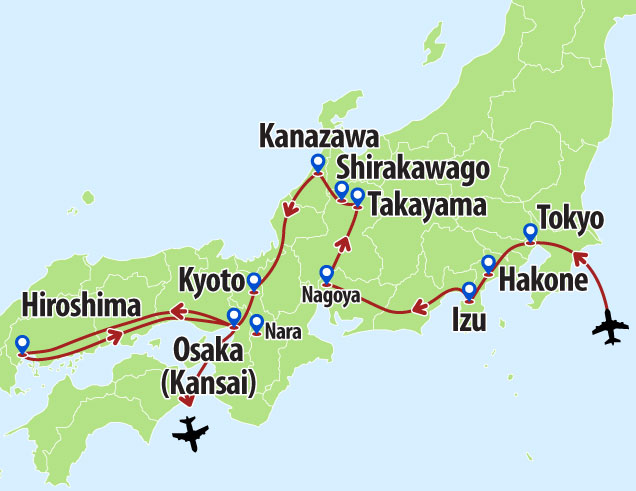 Japan Highlight 10 day tour route map