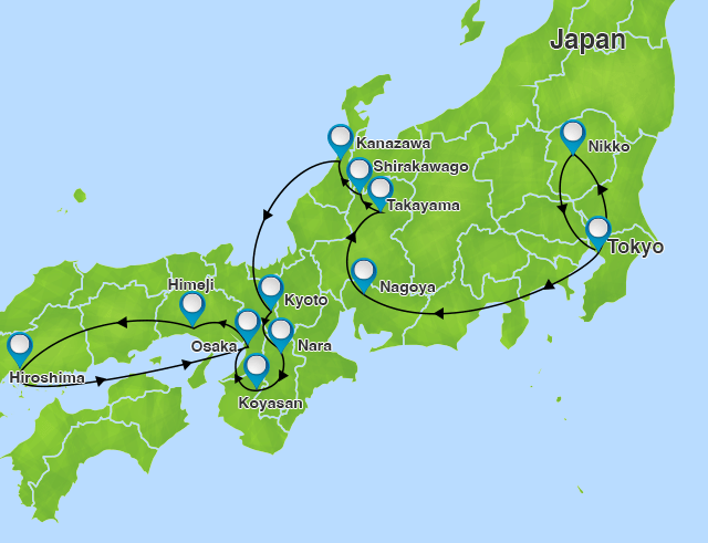 World Heritage 15-day tour route map