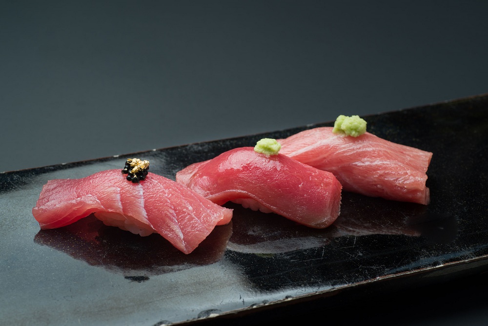 Maguro- akami, chutoro, otoro, three types of tuna sushi