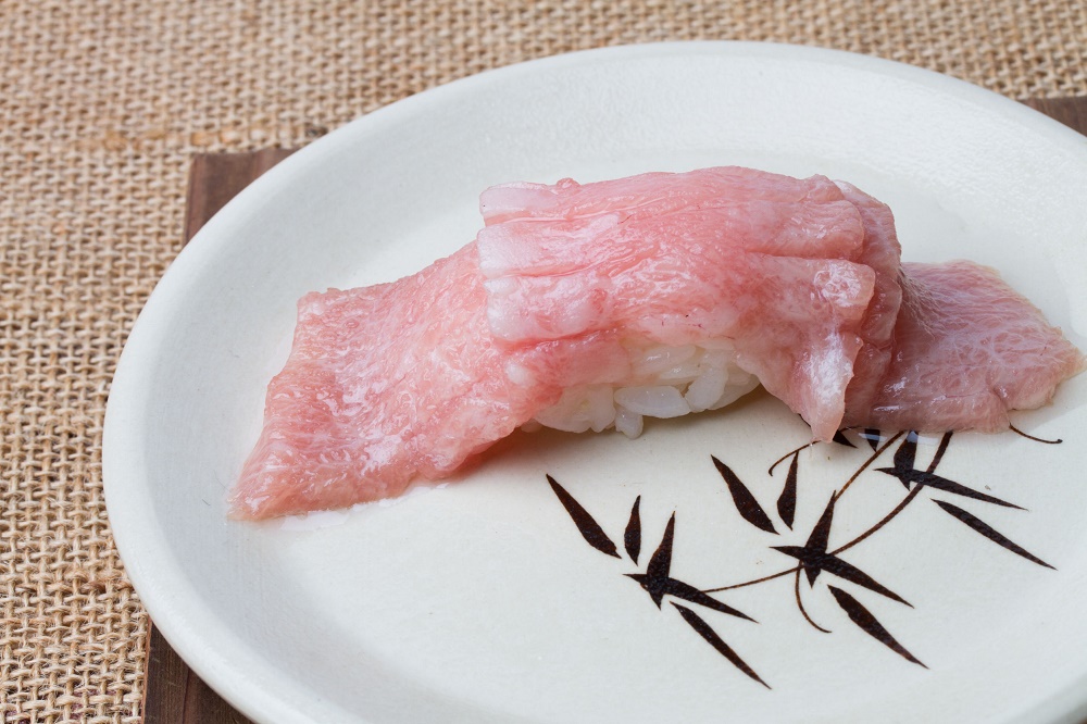 Rich and fatty piece of tuna sushi called otoro in Japan
